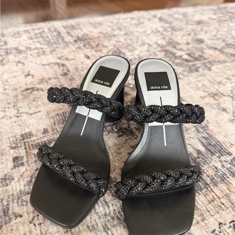 Dolce Vita Black Braided Strap Heeled Sandals – Square Toe Slip-On Heels SZ 5.5